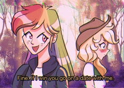 Size: 1118x794 | Tagged: safe, artist:camaleao, imported from derpibooru, applejack, rainbow dash, human, equestria girls, '90s, anime, anime style, appledash, blushing, female, humanized, lesbian, shipping, subtitles