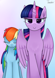 Size: 2480x3507 | Tagged: safe, artist:twidasher, imported from derpibooru, rainbow dash, twilight sparkle, alicorn, pegasus, pony, chest fluff, close-up, determined, duo, eyes closed, female, gradient background, height difference, lesbian, looking at you, mare, shipping, signature, size difference, twidash, twilight sparkle (alicorn)