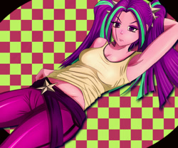 Size: 1024x854 | Tagged: safe, artist:kuya64, imported from derpibooru, aria blaze, equestria girls, armpits, breasts, checkered background, cleavage, clothes, female, midriff, pigtails, sassy, solo, solo female, tanktop, twintails