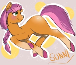 Size: 1400x1200 | Tagged: safe, artist:mayo_goddess, imported from derpibooru, sunny starscout, earth pony, pony, blushing, braid, female, g5, mare, smiling, solo, text, unshorn fetlocks