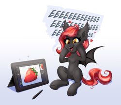 Size: 3984x3463 | Tagged: safe, artist:confetticakez, imported from derpibooru, oc, oc only, oc:strawberry stylus, bat pony, pony, bat pony oc, bat wings, chest fluff, commission, dialogue, drawing, drawing tablet, eeee, excited, female, food, mare, sitting, solo, strawberry, wings