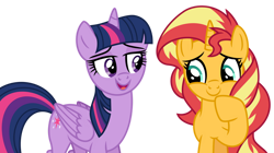 Size: 1024x573 | Tagged: safe, artist:emeraldblast63, edit, edited screencap, imported from derpibooru, screencap, sunset shimmer, twilight sparkle, alicorn, pony, unicorn, cute, duo, duo female, female, looking down, not a vector, open mouth, sequel, shimmerbetes, simple background, transparent background, twilight sparkle (alicorn), vector