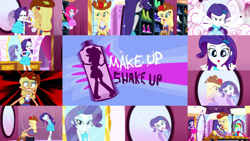 Size: 1280x722 | Tagged: safe, edit, edited screencap, editor:quoterific, imported from derpibooru, screencap, applejack, pinkie pie, rainbow dash, rarity, twilight sparkle, human, eqg summertime shorts, equestria girls, make up shake up, :p, apple, bare shoulders, belt, boots, clothes, collage, cowboy boots, cowboy hat, cute, cutie mark, cutie mark on clothes, duckface, duo, duo female, eyes closed, fall formal outfits, female, food, hat, jumping, lipstick, mirror, open mouth, raribetes, shocked, shoes, smooch, solo, tongue out, trio, trio female, twilight ball dress