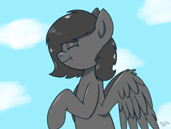 Size: 2000x1514 | Tagged: safe, artist:mrcelroy, imported from derpibooru, imported from ponybooru, oc, oc only, oc:charcoal, pegasus, pony, pegasus oc, smiley face, smiling, solo, wings