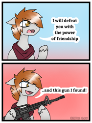 Size: 768x1024 | Tagged: safe, artist:misty__luv, imported from derpibooru, oc, earth pony, pegasus, pony, unicorn, 2 panel comic, assault rifle, comic, cute, gun, m4 carbine, m4a1, meme, pink sky, ponified meme, rifle, simple background, weapon, white background