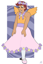 Size: 801x1200 | Tagged: safe, artist:greenarsonist, imported from derpibooru, scootaloo, human, amputee, bow, clothes, dark skin, disability, disability headcanon, disabled, dress, female, floral head wreath, flower, flower girl, flower girl dress, gender headcanon, headcanon, humanized, prosthetic leg, prosthetic limb, prosthetics, scar, socks, solo, tan, trans female, transgender, winged humanization, wings