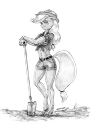 Size: 1000x1361 | Tagged: safe, artist:baron engel, imported from derpibooru, applejack, anthro, earth pony, unguligrade anthro, belly button, clothes, cowboy hat, female, freckles, hat, midriff, monochrome, pencil drawing, shorts, shovel, smiling, solo, stetson, traditional art, wavy mouth