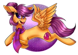 Size: 999x706 | Tagged: safe, artist:moshi.poni, imported from derpibooru, scootaloo, pegasus, pony, abstract background, butt wings, clothes, cutie mark, eyelashes, female, looking back, mare, open mouth, scarf, smiling, solo, the cmc's cutie marks, wings