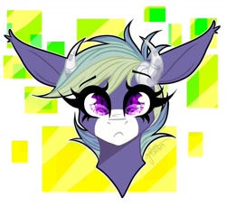 Size: 1080x991 | Tagged: safe, artist:moshi.poni, imported from derpibooru, oc, oc only, pony, abstract background, bust, eyelashes, frown, horns, signature, solo