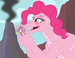 Size: 3445x2677 | Tagged: safe, artist:badumsquish, derpibooru exclusive, imported from derpibooru, pinkie pie, spike, dinosaur, dragon, reptile, my little pony: the manga, my little pony: the manga volume 1, spoiler:manga, spoiler:manga1, bedroom eyes, blushing, dinosaurified, dragonified, female, holding a dragon, i need an adult, male, monochrome, petting, pinkiedragon, pinkiespike, scared, shipping, size difference, species swap, spike gets all the mares, straight, stranger danger, volcano