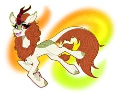 Size: 999x749 | Tagged: safe, artist:moshi.poni, imported from derpibooru, autumn blaze, kirin, abstract background, eyelashes, female, horn, leonine tail, open mouth, signature, smiling, solo
