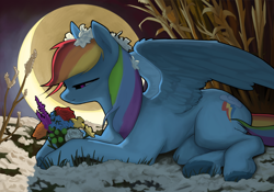 Size: 2000x1403 | Tagged: safe, artist:redruin01, imported from derpibooru, rainbow dash, pegasus, pony, beautiful, crescent moon, female, flower, flower in hair, lying down, mare, moon, on side, side, solo, spread wings, underhoof, wings