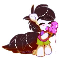 Size: 521x500 | Tagged: safe, artist:thegamercolt, imported from derpibooru, oc, oc only, oc:thegamercolt, anthro, earth pony, big tail, clothes, fluffy, foal, food, ice cream, shirt, shorts, simple background, solo, t-shirt, transparent background