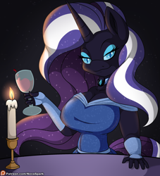 Size: 2000x2200 | Tagged: safe, artist:novaspark, imported from derpibooru, nightmare rarity, rarity, anthro, alcohol, candle, clothes, dress, explicit source, female, glass, looking at you, solo, wine, wine glass