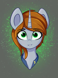Size: 1600x2134 | Tagged: safe, artist:stravy_vox, artist:stravyvox, imported from derpibooru, oc, oc:littlepip, pony, unicorn, fallout equestria, alternate hairstyle, big horn, bust, clothes, female, hair over one eye, horn, jumpsuit, looking at you, mare, smiling, smiling at you, vault suit