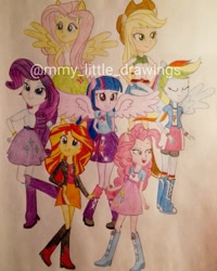 Size: 1080x1350 | Tagged: safe, artist:mmy_little_drawings, imported from derpibooru, applejack, fluttershy, pinkie pie, rainbow dash, rarity, sunset shimmer, twilight sparkle, equestria girls, boots, clothes, female, high heel boots, humane five, humane seven, humane six, mane six, ponied up, shoes, skirt, traditional art, watermark