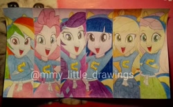 Size: 1080x668 | Tagged: safe, artist:mmy_little_drawings, imported from derpibooru, applejack, fluttershy, pinkie pie, rainbow dash, rarity, twilight sparkle, equestria girls, equestria girls (movie), :d, bust, cheerleader, clothes, eyelashes, female, humane five, humane six, mane six, ponied up, traditional art, watermark
