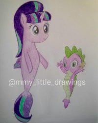 Size: 1080x1350 | Tagged: safe, artist:mmy_little_drawings, imported from derpibooru, spike, starlight glimmer, dragon, sea dragon, seapony (g4), cute, duo, female, male, seaponified, seapony starlight glimmer, shipping, smiling, sparlight, species swap, spike the seadragon, straight, traditional art, watermark