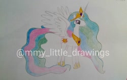 Size: 1080x681 | Tagged: safe, artist:mmy_little_drawings, imported from derpibooru, princess celestia, alicorn, pony, female, hoof shoes, horn, jewelry, mare, peytral, solo, tiara, traditional art, watermark, wings