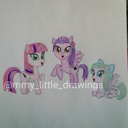 Size: 1080x1080 | Tagged: safe, artist:mmy_little_drawings, imported from derpibooru, oc, oc only, earth pony, pegasus, pony, bow, earth pony oc, eyelashes, female, hair bow, lying down, mare, open mouth, pegasus oc, prone, rearing, smiling, traditional art, watermark, wings