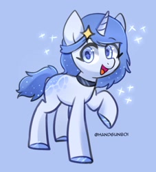 Size: 1500x1650 | Tagged: safe, artist:handgunboi, imported from derpibooru, oc, oc only, pony, unicorn, art trade, blue background, female, mare, simple background, solo, sparkling