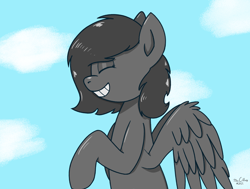 Size: 2000x1514 | Tagged: safe, artist:mrcelroy, imported from derpibooru, oc, oc only, oc:charcoal, pegasus, pony, pegasus oc, smiley face, smiling, solo, teeth, wings