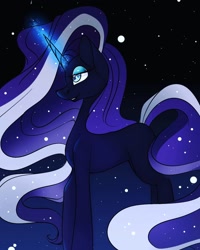 Size: 1080x1350 | Tagged: safe, alternate version, artist:tessa_key_, imported from derpibooru, nightmare rarity, pony, unicorn, bedroom eyes, colored, eyelashes, female, glowing horn, horn, makeup, mare, night, outdoors, solo, stars