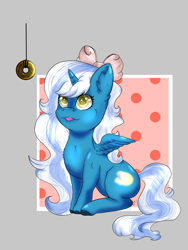 Size: 3000x4000 | Tagged: safe, artist:mrs-lullaby, imported from derpibooru, oc, oc:fleurbelle, alicorn, alicorn oc, bow, chest fluff, donut, ear fluff, female, food, glaze, hair bow, herbivore, horn, mare, sitting, sprinkles, tongue out, wingding eyes, wings, yellow eyes