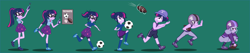 Size: 2500x533 | Tagged: safe, artist:magerblutooth, imported from derpibooru, sci-twi, twilight sparkle, equestria girls, american football, ball, female, football, football helmet, green background, helmet, muscles, personality change, simple background, soccer ball (object), solo, sports, transformation, transformation sequence, twilight muscle