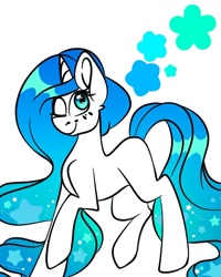 Size: 1080x1350 | Tagged: safe, alternate version, artist:tessa_key_, imported from derpibooru, oc, oc only, pony, unicorn, ethereal mane, female, horn, mare, one eye closed, partial color, raised hoof, simple background, smiling, solo, starry mane, unicorn oc, white background, wink