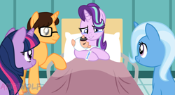 Size: 2283x1231 | Tagged: safe, artist:amgiwolf, imported from derpibooru, starlight glimmer, oc, oc:brandon, earth pony, pony, baby, baby pony, base used, bed, bust, canon x oc, commission, earth pony oc, female, hat, hospital bed, indoors, male, mare, offspring, parent:starlight glimmer, parents:canon x oc, raised hoof, smiling, stallion, ych result