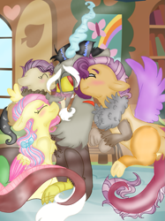 Size: 899x1200 | Tagged: safe, artist:cocolove2176, imported from derpibooru, discord, fluttershy, oc, oc:coraliss rose, oc:disillusion, draconequus, hybrid, pegasus, pony, book, bookshelf, cheek kiss, discoshy, draconequus oc, eyes closed, female, heart, indoors, interspecies offspring, kiss on the cheek, kiss sandwich, kissing, male, mare, offspring, parent:discord, parent:fluttershy, parents:discoshy, shipping, straight, wings