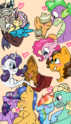 Size: 540x938 | Tagged: safe, artist:cocolove2176, imported from derpibooru, applejack, capper dapperpaws, cheese sandwich, discord, flash sentry, fluttershy, pinkie pie, rainbow dash, rarity, spike, twilight sparkle, zephyr breeze, abyssinian, alicorn, draconequus, dragon, earth pony, pegasus, pony, unicorn, applespike, bedroom eyes, blushing, bust, capperity, cheesepie, clothes, discoshy, eyelashes, eyes closed, female, flashlight, grin, heart, hoof kissing, male, mane seven, mane six, mare, shipping, smiling, stallion, straight, twilight sparkle (alicorn), wings, zephdash