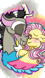 Size: 540x938 | Tagged: safe, artist:cocolove2176, imported from derpibooru, discord, fluttershy, draconequus, pegasus, pony, abstract background, blushing, bust, discoshy, female, male, mare, shipping, smiling, straight, two toned wings, wings