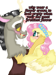 Size: 899x1200 | Tagged: safe, artist:cocolove2176, imported from derpibooru, discord, fluttershy, draconequus, pegasus, pony, blushing, bust, cheek squish, discoshy, eyelashes, female, floral head wreath, flower, grammar error, heart, male, mare, shipping, simple background, smiling, squishy cheeks, straight, talking, white background, wings
