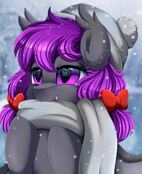 Size: 1446x1764 | Tagged: safe, artist:pridark, imported from derpibooru, imported from ponybooru, oc, oc only, oc:nocturnal grapes, bat pony, pony, bat pony oc, bat wings, beanie, bow, bust, clothes, commission, cute, fangs, female, hat, ocbetes, portrait, purple background, scarf, simple background, snow, snowfall, solo, wings