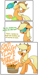 Size: 1788x3531 | Tagged: safe, alternate version, artist:moonatik, imported from derpibooru, applejack, earth pony, pony, 3 panel comic, applejack's hat, barrel, brainwashing, carrot, comic, cowboy hat, female, food, forced smile, hat, herbivore, high res, hypno jack, hypnogear, hypnogoggles, hypnojack, hypnosis, magic, mare, mind control, out of character, ponytail, raised hoof, simple background, smiling, solo, swirly eyes, tech control, telekinesis, visor