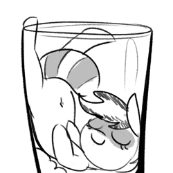 Size: 1000x1000 | Tagged: safe, artist:tjpones, imported from derpibooru, oc, oc only, oc:bandy cyoot, hybrid, pony, raccoon, raccoon pony, belly button, cup, cup of pony, cute, eyes closed, female, glass, glass of pony, grayscale, mare, micro, monochrome, ocbetes, simple background, solo, white background