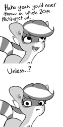 Size: 1000x2000 | Tagged: safe, artist:tjpones, imported from derpibooru, oc, oc only, oc:bandy cyoot, hybrid, pony, raccoon, raccoon pony, 2 panel comic, comic, dialogue, female, looking at you, mare, monochrome, simple background, solo, white background