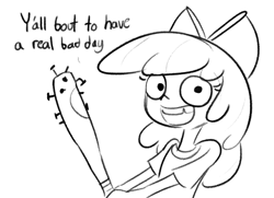 Size: 1380x1000 | Tagged: safe, artist:tjpones, imported from derpibooru, apple bloom, equestria girls, baseball bat, black and white, female, grayscale, looking at you, monochrome, nail, simple background, solo, talking to viewer, team fortress 2, threat, tooth gap, weapon, white background