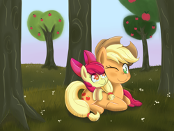 Size: 2000x1500 | Tagged: safe, artist:scarletts-fever, imported from derpibooru, apple bloom, applejack, earth pony, pony, apple, apple sisters, apple tree, cute, duo, duo female, female, food, one eye closed, orchard, siblings, sisters, tree