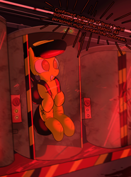 Size: 1720x2324 | Tagged: safe, artist:vultraz, imported from ponybooru, oc, oc only, oc:fume hood, latex pony, object pony, original species, pony, /mlp/, 4chan, biohazard, decontamination closet, drawthread, emergency alert system, excited, female, hazmat suit, latex, living clothes, living object, living suit, mare, ponified, solo, space station 13