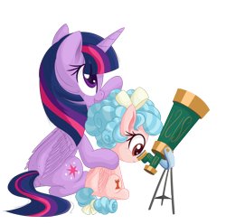 Size: 2294x2276 | Tagged: safe, artist:vito, imported from ponybooru, cozy glow, twilight sparkle, alicorn, pegasus, pony, duo, female, filly, looking at something, looking up, mare, open mouth, pointing, simple background, sitting, smiling, telescope, transparent background, twilight sparkle (alicorn)