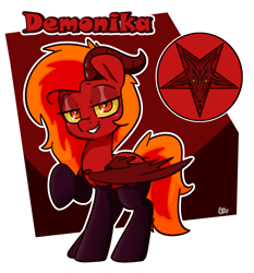 Size: 1396x1496 | Tagged: safe, artist:lou, imported from derpibooru, oc, oc:demonika, succubus, succubus pony, bicolor mane, clothes, commission, cutie mark background, female, horn, orange eyes, pantyhose, simple background, solo, solo female, wings