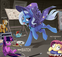 Size: 1650x1500 | Tagged: safe, artist:ponykillerx, imported from ponybooru, applejack, fluttershy, pinkie pie, rainbow dash, trixie, twilight sparkle, earth pony, pegasus, unicorn, book, card, clothes, doll, drawing, easel, luggage, magic wand, noose, pinkamena diane pie, toy