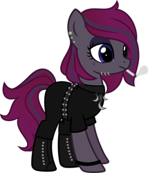 Size: 5000x5831 | Tagged: safe, artist:n0kkun, imported from derpibooru, oc, oc only, oc:raven mist, earth pony, pony, belt, boots, cigarette, cigarette smoke, clothes, ear piercing, earring, eyeshadow, female, freckles, jewelry, makeup, mare, pants, piercing, shirt, shoes, simple background, smoke, smoking, solo, t-shirt, transparent background, wristband