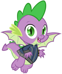 Size: 1280x1537 | Tagged: safe, artist:andoanimalia, artist:ponygamer2020, imported from derpibooru, spike, dragon, fallout equestria, clothes, fallout, flying, jumpsuit, looking at you, male, open mouth, pipboy, simple background, solo, transparent background, vault suit, vector, winged spike, wings