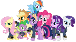 Size: 5360x3008 | Tagged: safe, artist:alandssparkle, artist:andoanimalia, artist:patec, artist:ponygamer2020, artist:snapshopvisuals, imported from derpibooru, applejack, fluttershy, pinkie pie, rainbow dash, rarity, spike, starlight glimmer, twilight sparkle, alicorn, dragon, earth pony, pegasus, pony, unicorn, fallout equestria, absurd resolution, applejack's hat, bipedal, clothes, cowboy hat, crown, fallout, female, flying, hat, jewelry, jumpsuit, looking at you, male, mane eight, mane seven, mane six, open mouth, pipboy, regalia, simple background, teeth, transparent background, twilight sparkle (alicorn), vault suit, vector