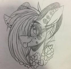 Size: 1080x1051 | Tagged: safe, artist:moshi.poni, imported from derpibooru, oc, oc only, pony, :p, bust, ear piercing, eyelashes, female, floral necklace, flower necklace, grayscale, hair over one eye, horns, mare, monochrome, piercing, solo, tongue out, traditional art