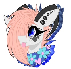 Size: 1000x970 | Tagged: safe, alternate version, artist:moshi.poni, imported from derpibooru, oc, oc only, pony, :p, abstract background, bust, colored, ear piercing, eyelashes, female, floral necklace, flower necklace, hair over one eye, horns, mare, piercing, solo, tongue out